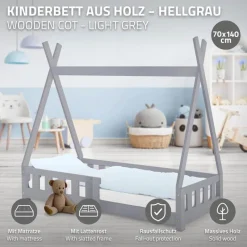 Kinderbett Tipi 70x140 cm Hellgrau aus Kiefernholz inkl. Matratze H-10cm Rausfallschutz und Lattenrost ML-Design-ECD Germany New