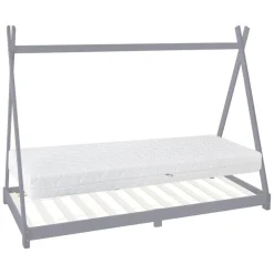 Kinderbett Tipi 90x200 cm Hellgrau aus Kiefernholz inkl. Matratze H-16cm Holzbett mit Lattenrost ML-Design-ECD Germany Sale