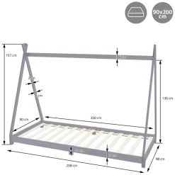 Kinderbett Tipi 90x200 cm Hellgrau aus Kiefernholz inkl. Matratze H-16cm Holzbett mit Lattenrost ML-Design-ECD Germany Sale