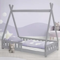 Kinderbett Tipi 80x160 cm Hellgrau aus Kiefernholz mit Rausfallschutz und Lattenrost Holzbett ML-Design-ECD Germany Hot