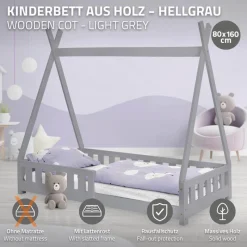 Kinderbett Tipi 80x160 cm Hellgrau aus Kiefernholz mit Rausfallschutz und Lattenrost Holzbett ML-Design-ECD Germany Hot