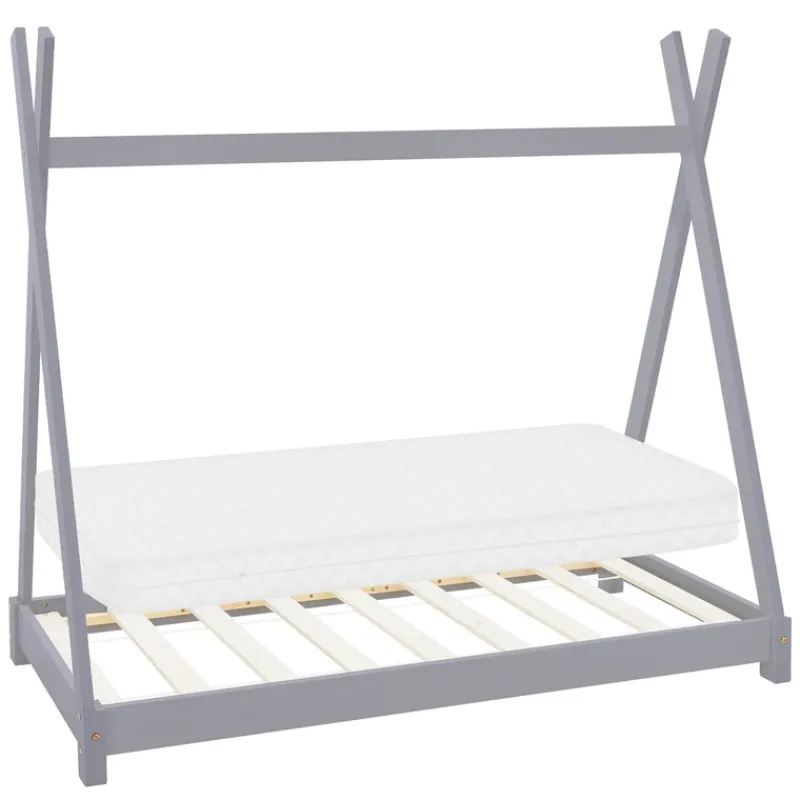 Kinderbett Tipi 70x140 cm Hellgrau aus Kiefernholz inkl. Matratze H-10cm Holzbett mit Lattenrost ML-Design-ECD Germany Sale