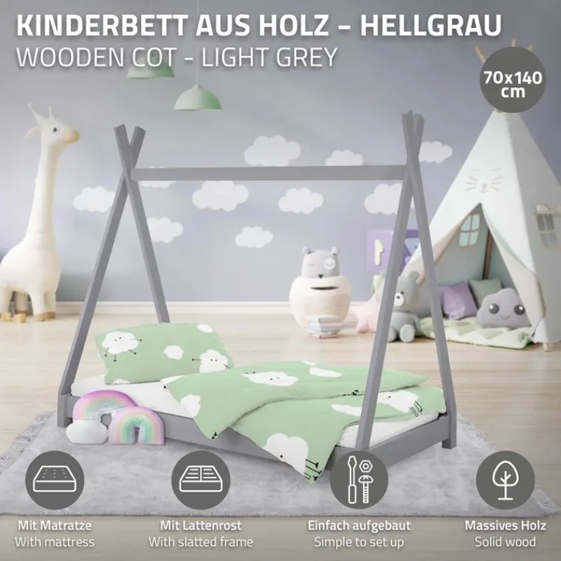 Kinderbett Tipi 70x140 cm Hellgrau aus Kiefernholz inkl. Matratze H-10cm Holzbett mit Lattenrost ML-Design-ECD Germany Sale