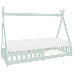 Kinderbett Tipi 90x200 cm Minze aus Kiefernholz inkl. Matratze H-10cm Rausfallschutz und Lattenrost ML-Design-ECD Germany Clearance