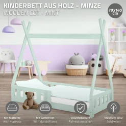 Kinderbett Tipi 70x140 cm Minze aus Kiefernholz inkl. Matratze H-10cm Rausfallschutz und Lattenrost ML-Design-ECD Germany Clearance