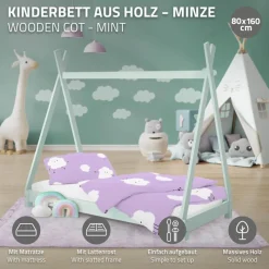 Kinderbett Tipi 80x160 cm Minze aus Kiefernholz inkl. Matratze H-10cm Holzbett mit Lattenrost ML-Design-ECD Germany Outlet