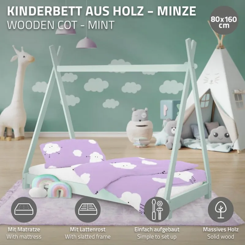 Kinderbett Tipi 80x160 cm Minze aus Kiefernholz inkl. Matratze H-10cm Holzbett mit Lattenrost ML-Design-ECD Germany Outlet