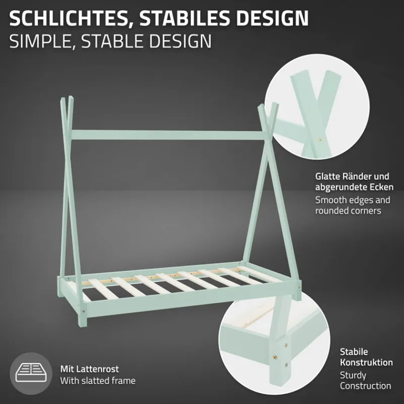 Kinderbett Tipi 80x160 cm Minze aus Kiefernholz inkl. Matratze H-10cm Holzbett mit Lattenrost ML-Design-ECD Germany Outlet