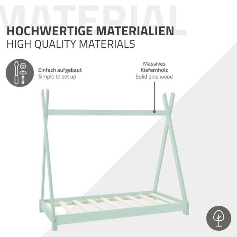 Kinderbett Tipi 80x160 cm Minze aus Kiefernholz inkl. Matratze H-10cm Holzbett mit Lattenrost ML-Design-ECD Germany Outlet