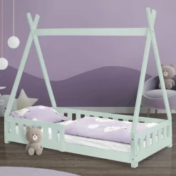 Kinderbett Tipi 80x160 cm Minze aus Kiefernholz mit Rausfallschutz und Lattenrost Holzbett ML-Design-ECD Germany Discount