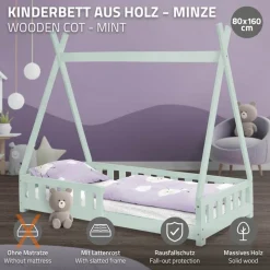 Kinderbett Tipi 80x160 cm Minze aus Kiefernholz mit Rausfallschutz und Lattenrost Holzbett ML-Design-ECD Germany Discount