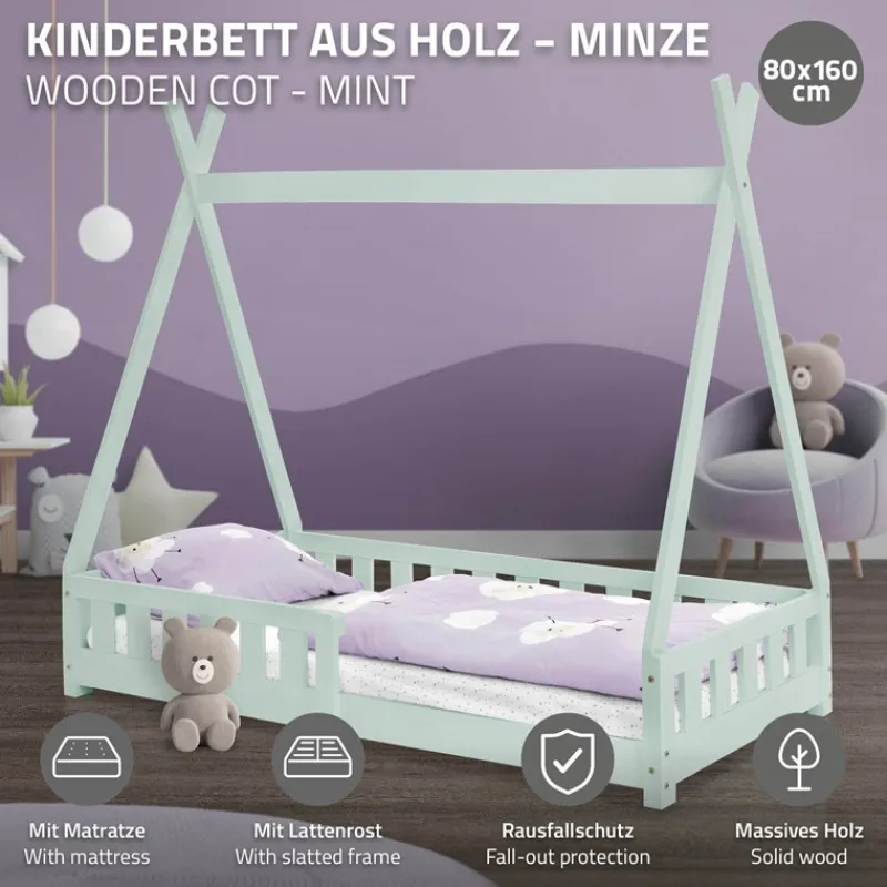 Kinderbett Tipi 80x160 cm Minze aus Kiefernholz inkl. Matratze H-10cm Rausfallschutz und Lattenrost ML-Design-ECD Germany Discount