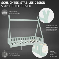 Kinderbett Tipi 80x160 cm Minze aus Kiefernholz inkl. Matratze H-10cm Rausfallschutz und Lattenrost ML-Design-ECD Germany Discount