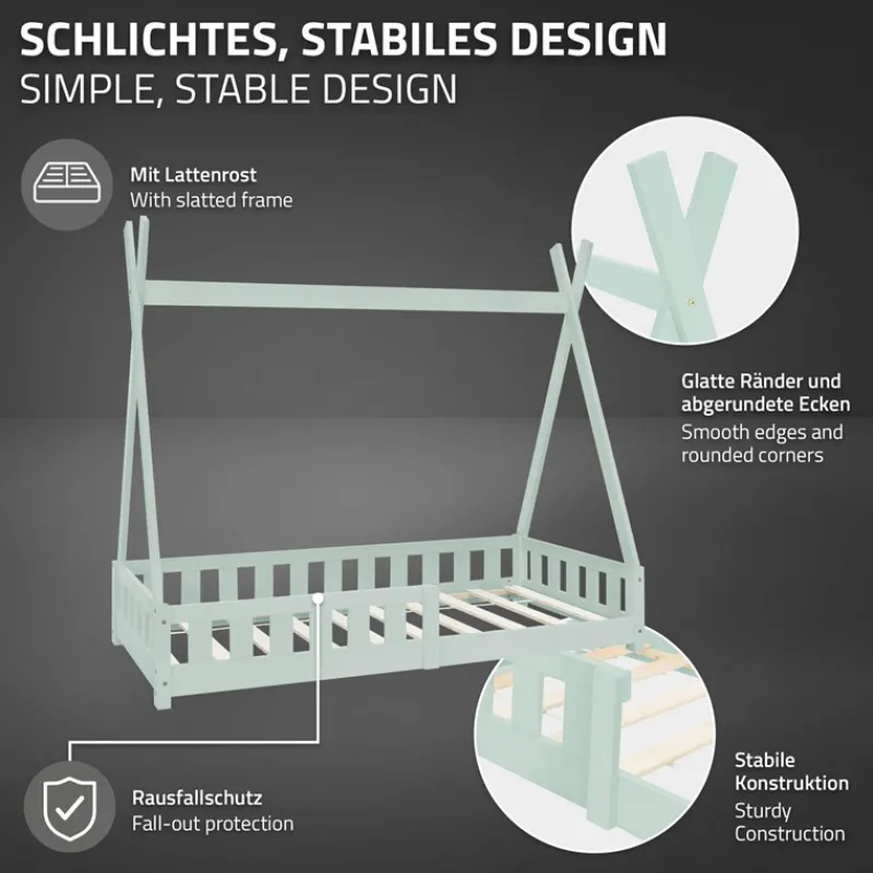 Kinderbett Tipi 80x160 cm Minze aus Kiefernholz inkl. Matratze H-10cm Rausfallschutz und Lattenrost ML-Design-ECD Germany Discount