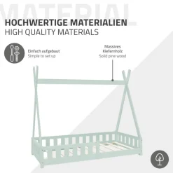 Kinderbett Tipi 80x160 cm Minze aus Kiefernholz inkl. Matratze H-10cm Rausfallschutz und Lattenrost ML-Design-ECD Germany Discount
