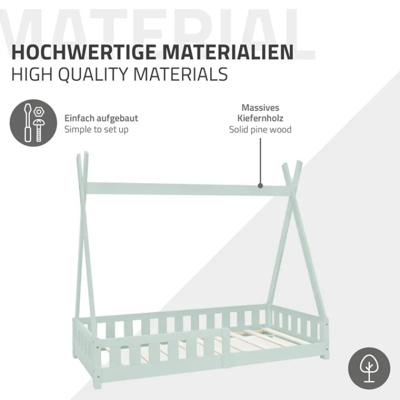 Kinderbett Tipi 80x160 cm Minze aus Kiefernholz inkl. Matratze H-10cm Rausfallschutz und Lattenrost ML-Design-ECD Germany Discount