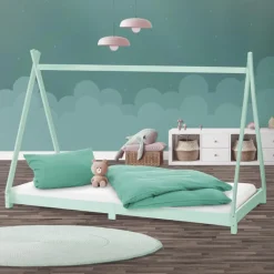 Kinderbett Tipi 90x200 cm Minze aus Kiefernholz Holzbett mit Lattenrost ML-Design-ECD Germany