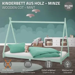 Kinderbett Tipi 90x200 cm Minze aus Kiefernholz Holzbett mit Lattenrost ML-Design-ECD Germany