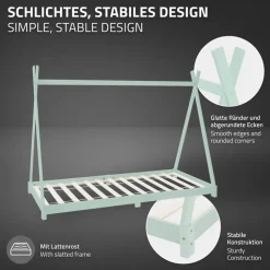 Kinderbett Tipi 90x200 cm Minze aus Kiefernholz Holzbett mit Lattenrost ML-Design-ECD Germany