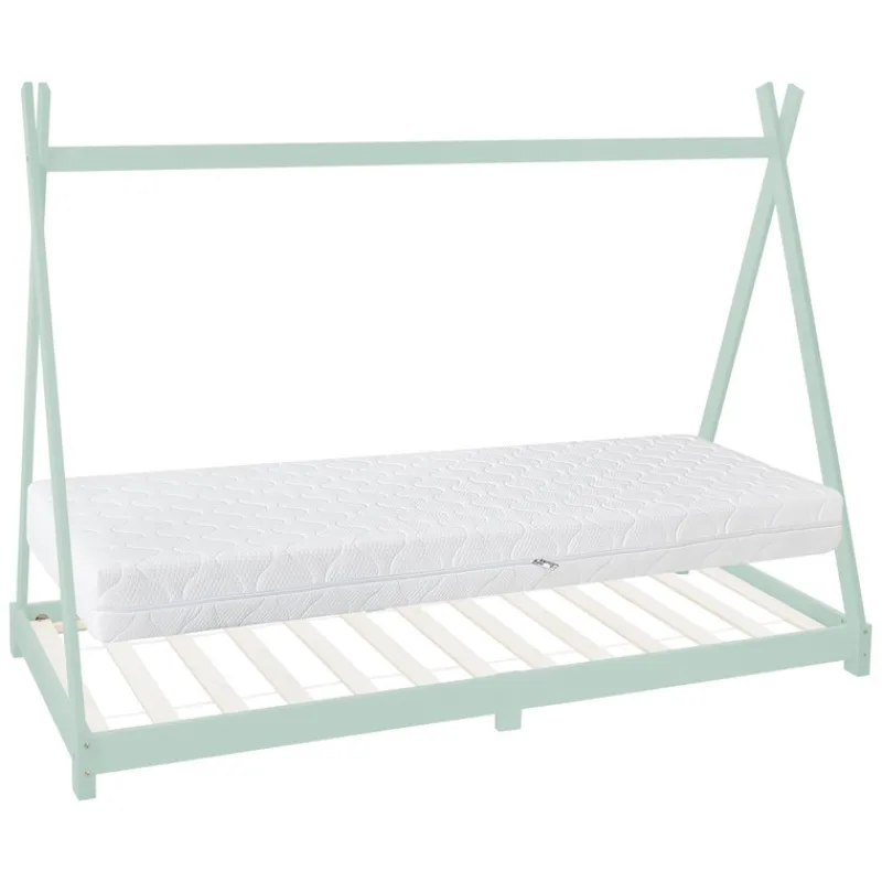 Kinderbett Tipi 90x200 cm Minze aus Kiefernholz inkl. Matratze H-16cm Holzbett mit Lattenrost ML-Design-ECD Germany New