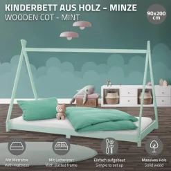 Kinderbett Tipi 90x200 cm Minze aus Kiefernholz inkl. Matratze H-16cm Holzbett mit Lattenrost ML-Design-ECD Germany New