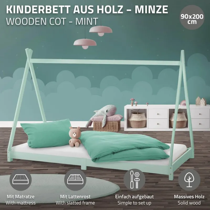 Kinderbett Tipi 90x200 cm Minze aus Kiefernholz inkl. Matratze H-16cm Holzbett mit Lattenrost ML-Design-ECD Germany New