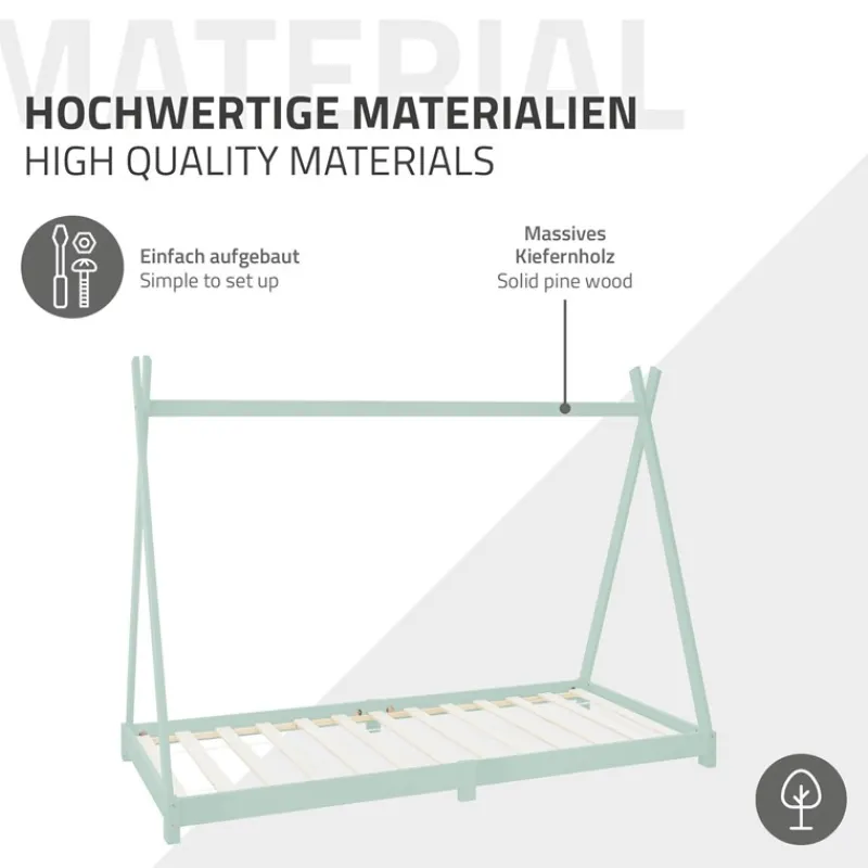 Kinderbett Tipi 90x200 cm Minze aus Kiefernholz inkl. Matratze H-16cm Holzbett mit Lattenrost ML-Design-ECD Germany New