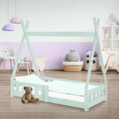 Kinderbett Tipi 70x140 cm Minze aus Kiefernholz mit Rausfallschutz und Lattenrost Holzbett ML-Design-ECD Germany Online