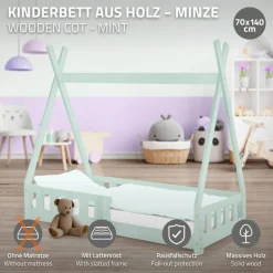 Kinderbett Tipi 70x140 cm Minze aus Kiefernholz mit Rausfallschutz und Lattenrost Holzbett ML-Design-ECD Germany Online