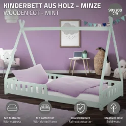 Kinderbett Tipi 90x200 cm Minze aus Kiefernholz inkl. Matratze H-16cm Rausfallschutz und Lattenrost ML-Design-ECD Germany Clearance