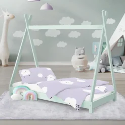 Kinderbett Tipi 70x140 cm Minze aus Kiefernholz Holzbett mit Lattenrost ML-Design-ECD Germany Online