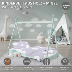 Kinderbett Tipi 70x140 cm Minze aus Kiefernholz Holzbett mit Lattenrost ML-Design-ECD Germany Online