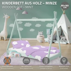 Kinderbett Tipi 80x160 cm Minze aus Kiefernholz Holzbett mit Lattenrost ML-Design-ECD Germany Online