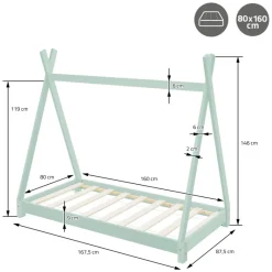 Kinderbett Tipi 80x160 cm Minze aus Kiefernholz Holzbett mit Lattenrost ML-Design-ECD Germany Online