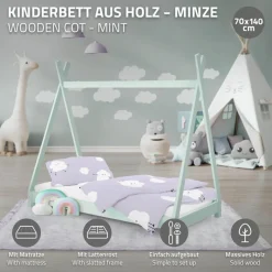 Kinderbett Tipi 70x140 cm Minze aus Kiefernholz inkl. Matratze H-10cm Holzbett mit Lattenrost ML-Design-ECD Germany Sale