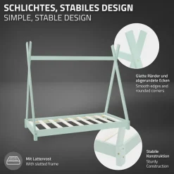 Kinderbett Tipi 70x140 cm Minze aus Kiefernholz inkl. Matratze H-10cm Holzbett mit Lattenrost ML-Design-ECD Germany Sale