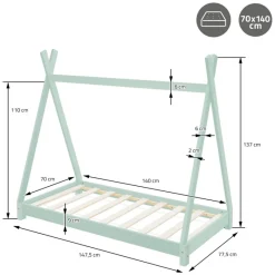 Kinderbett Tipi 70x140 cm Minze aus Kiefernholz inkl. Matratze H-10cm Holzbett mit Lattenrost ML-Design-ECD Germany Sale