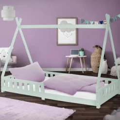 Kinderbett Tipi 90x200 cm Minze aus Kiefernholz mit Rausfallschutz und Lattenrost Holzbett ML-Design-ECD Germany Hot