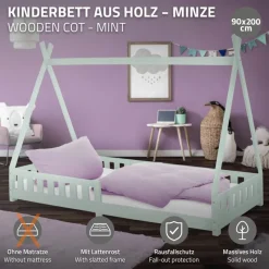 Kinderbett Tipi 90x200 cm Minze aus Kiefernholz mit Rausfallschutz und Lattenrost Holzbett ML-Design-ECD Germany Hot