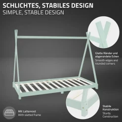 Kinderbett Tipi 90x200 cm Minze aus Kiefernholz inkl. Matratze H-10cm Holzbett mit Lattenrost ML-Design-ECD Germany Online