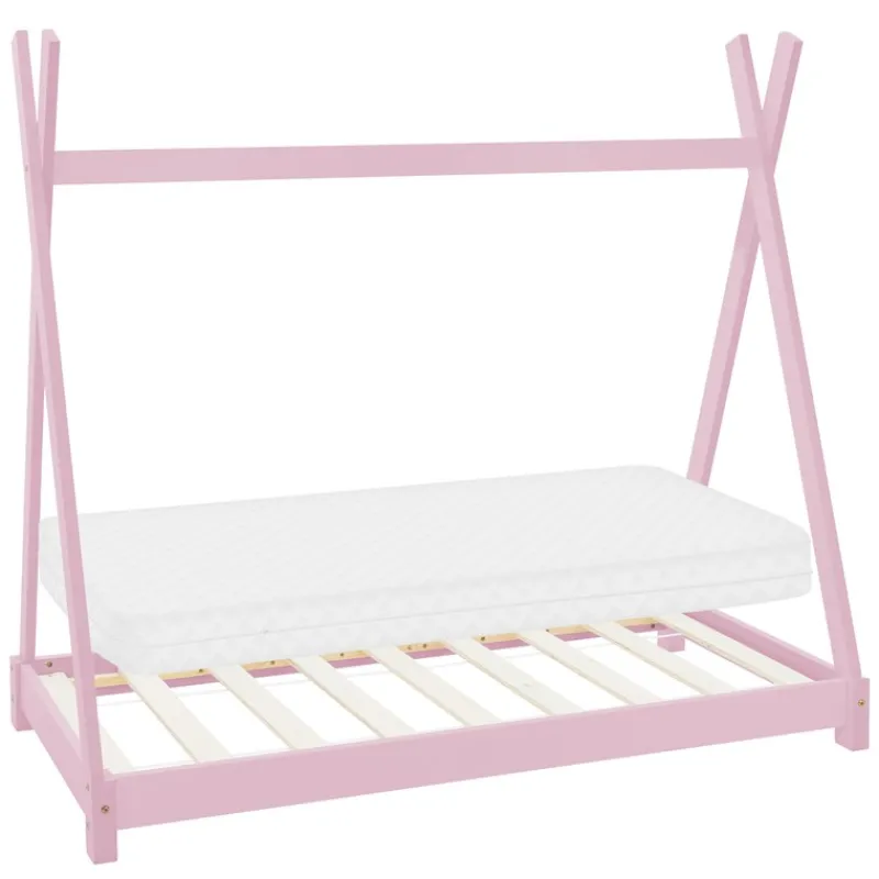 Kinderbett Tipi 70x140 cm Rosa aus Kiefernholz inkl. Matratze H-10cm Holzbett mit Lattenrost ML-Design-ECD Germany Online