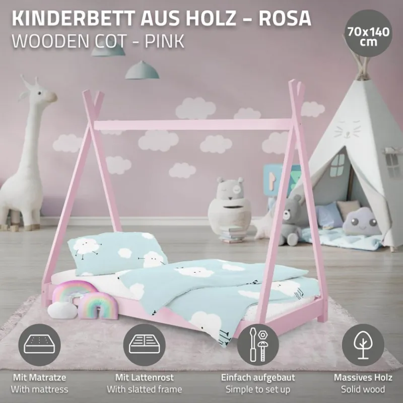 Kinderbett Tipi 70x140 cm Rosa aus Kiefernholz inkl. Matratze H-10cm Holzbett mit Lattenrost ML-Design-ECD Germany Online