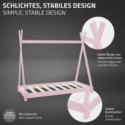 Kinderbett Tipi 70x140 cm Rosa aus Kiefernholz inkl. Matratze H-10cm Holzbett mit Lattenrost ML-Design-ECD Germany Online