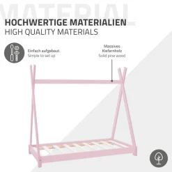 Kinderbett Tipi 70x140 cm Rosa aus Kiefernholz inkl. Matratze H-10cm Holzbett mit Lattenrost ML-Design-ECD Germany Online