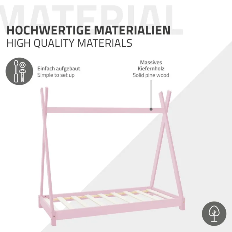 Kinderbett Tipi 70x140 cm Rosa aus Kiefernholz inkl. Matratze H-10cm Holzbett mit Lattenrost ML-Design-ECD Germany Online