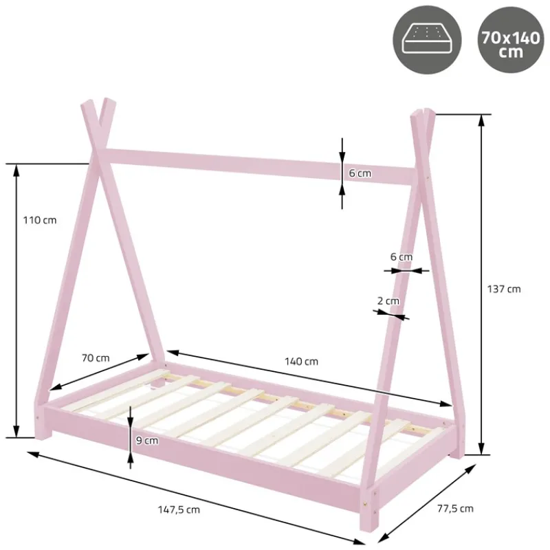 Kinderbett Tipi 70x140 cm Rosa aus Kiefernholz inkl. Matratze H-10cm Holzbett mit Lattenrost ML-Design-ECD Germany Online