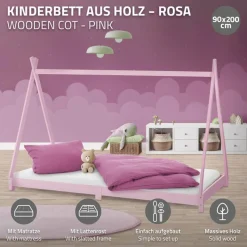 Kinderbett Tipi 90x200 cm Rosa aus Kiefernholz inkl. Matratze H-10cm Holzbett mit Lattenrost ML-Design-ECD Germany New