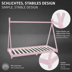 Kinderbett Tipi 90x200 cm Rosa aus Kiefernholz inkl. Matratze H-10cm Holzbett mit Lattenrost ML-Design-ECD Germany New