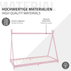 Kinderbett Tipi 90x200 cm Rosa aus Kiefernholz inkl. Matratze H-10cm Holzbett mit Lattenrost ML-Design-ECD Germany New