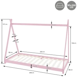 Kinderbett Tipi 90x200 cm Rosa aus Kiefernholz inkl. Matratze H-10cm Holzbett mit Lattenrost ML-Design-ECD Germany New